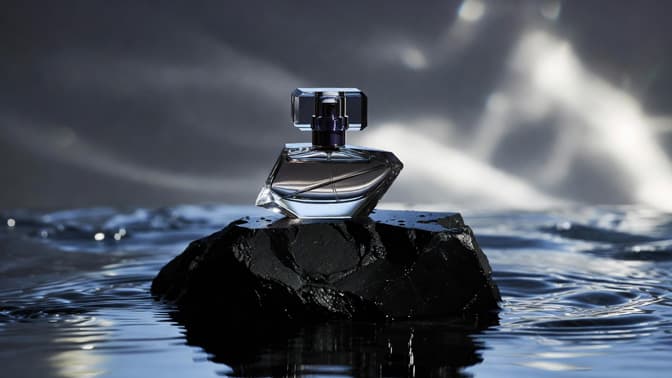 A minimalist geometric glass perfume bottle on obsidian rock